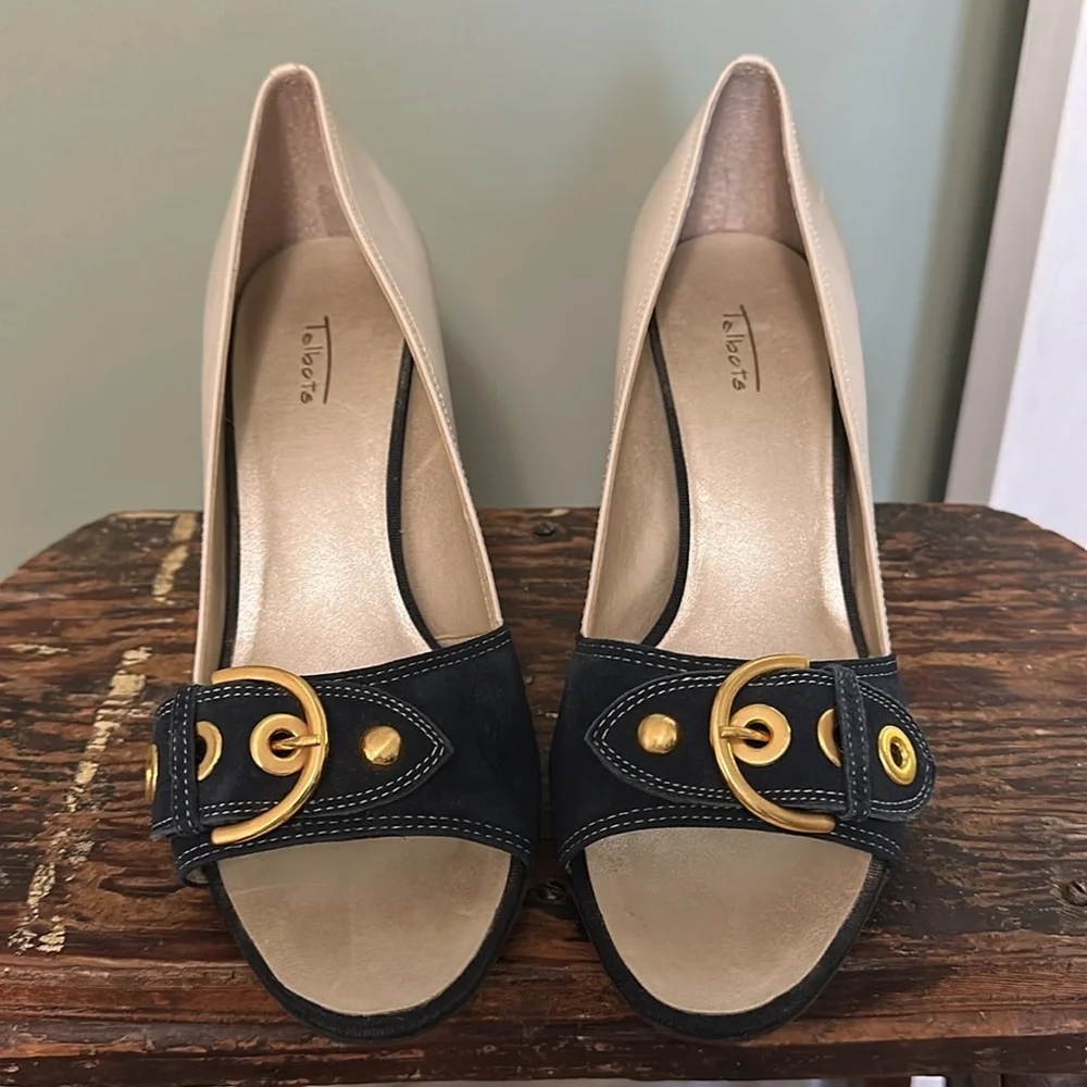 Talbots Navy and Cream Two-Tone Leather and Suede Peep Toe Heels